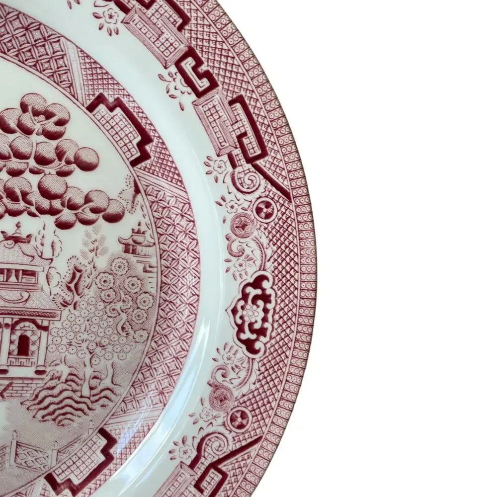 Queen's England WILLOW ROSA Porcelain Dinner Plates 10in Red White Set of 4 New